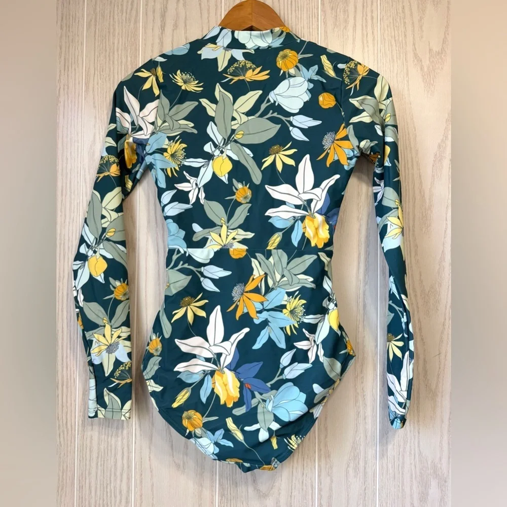 Axesea Floral Long Sleeve One-Piece Swimsuit Green Yellow Size 6